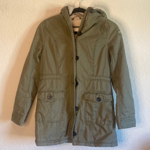 Abercrombie trench hoodie jacket utility cargo sherpa XL army green Y2K 90s - Picture 1 of 12